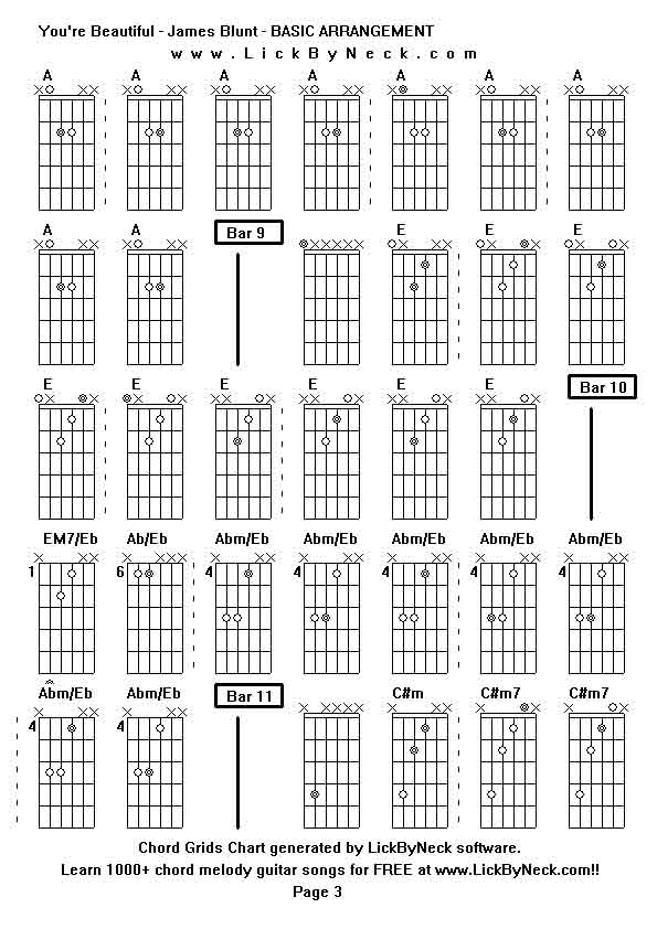 Chord Grids Chart of chord melody fingerstyle guitar song-You're Beautiful - James Blunt - BASIC ARRANGEMENT,generated by LickByNeck software.